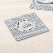 ネイビーブルーストライプヴィンテージラベルと名前 スクエアペーパーコースター (アングル)