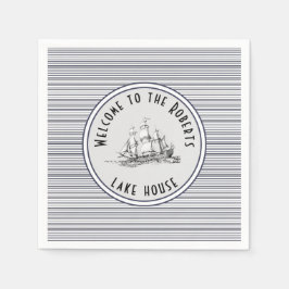 ネイビーブルーストライプヴィンテージラベルと名前 スタンダードカクテルナプキン