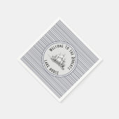 ネイビーブルーストライプヴィンテージラベルと名前 スタンダードカクテルナプキン (角)