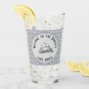 ネイビーブルーストライプヴィンテージラベルと名前 タンブラーグラス