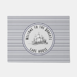 ネイビーブルーストライプヴィンテージラベルと名前 ドアマット