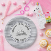 ネイビーブルーストライプヴィンテージラベルと名前 ペーパープレート (パーティー)