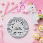 ネイビーブルーストライプヴィンテージラベルと名前 ペーパープレート (パーティー)