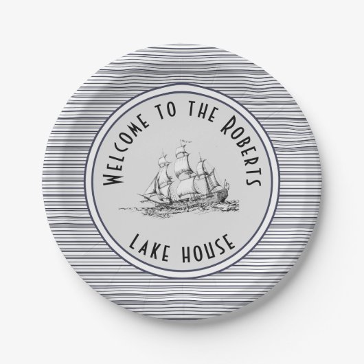 ネイビーブルーストライプヴィンテージラベルと名前 ペーパープレート (正面)