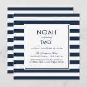 ネイビーブルーストライプ子供の誕生日パーティの招待状 招待状 (正面/裏面)
