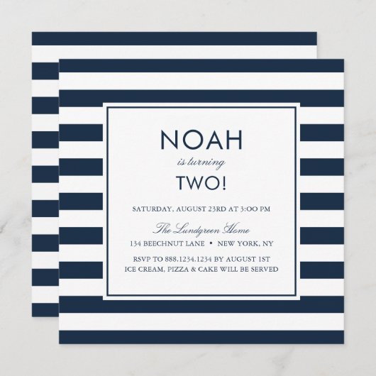 ネイビーブルーストライプ子供の誕生日パーティの招待状 招待状 (正面/裏面)