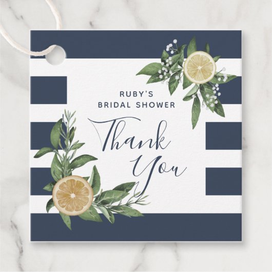 ネイビーブルーストライプ水彩レモンブライダルシャワーイン フェイバータグ (正面)