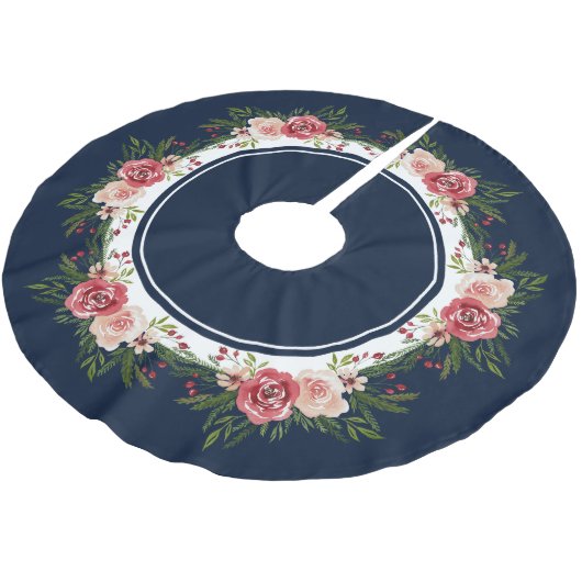 ネイビーブルーストライプ水彩花クリスマス ブラッシュドポリエステルツリースカート (アングル)