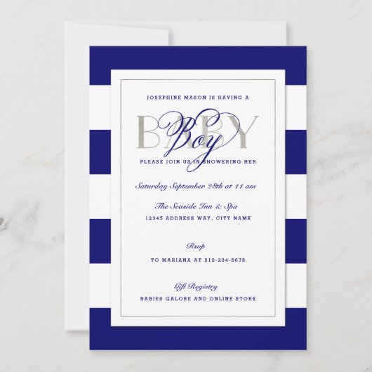 ネイビーブルーストライプ男の赤ちゃんシャワフェイクーシルバー 招待状 (正面)