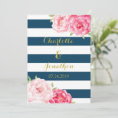 ネイビーブルーストライプ結婚式招待状ピンク 招待状 (スタンド正面)