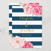 ネイビーブルーストライプ結婚式招待状ピンク 招待状 (正面/裏面)