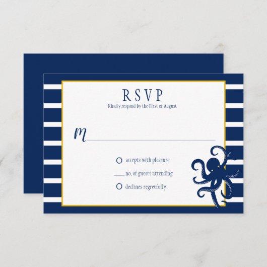 ネイビーブルーストライプ金ゴールド詳細航海のRSVP | 出欠カード (正面/裏面)