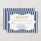 ネイビーブルーストライプ金ゴールドRSVP結婚の応答 出欠カード (正面/裏面)
