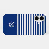 ネイビーブルーストライプ+船舶ホイール ブルー+ホワイト iPhone 16ケース (裏面横)