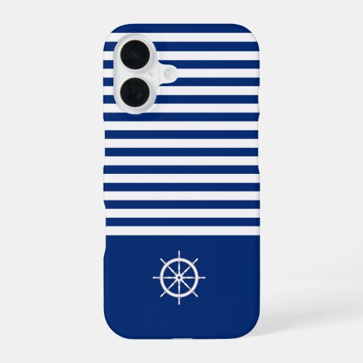 ネイビーブルーストライプ+船舶ホイール ブルー+ホワイト iPhone 16ケース (裏面)