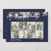ネイビーブルーストリングライツフォトコラージホリデー シーズンカード (正面/裏面)