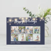 ネイビーブルーストリングライツフォトコラージホリデー シーズンカード (スタンド正面)