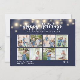 ネイビーブルーストリングライツフォトコラージホリデー シーズンカード