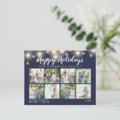 ネイビーブルーストリングライツフォトコラージホリデー ポストカード (スタンド正面)