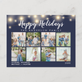 ネイビーブルーストリングライツフォトコラージホリデー ポストカード