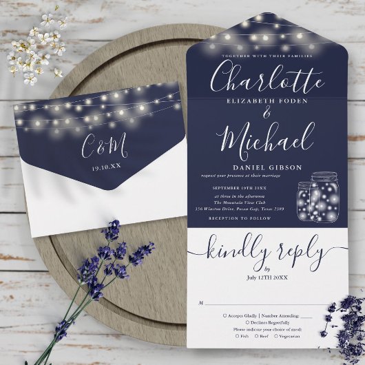 ネイビーブルーストリングライツメイスン結婚ジャーズ オールインワン招待状