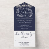 ネイビーブルーストリングライトの葉結婚の数 オールインワン招待状 (内側)