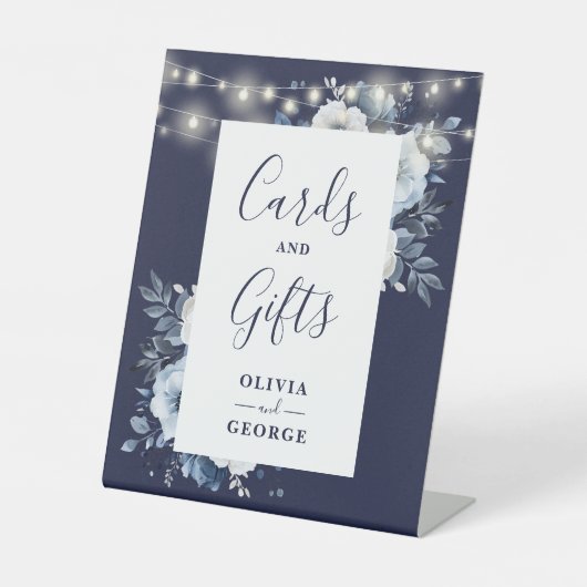 ネイビーブルーストリングライトフローラカードとギフト 台座サイン (正面)