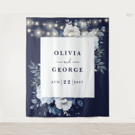 ネイビーブルーストリングライトフローラフォトブース背景 タペストリー