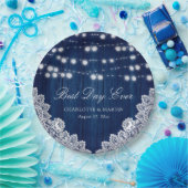 ネイビーブルーストリングライト素朴ウッドレース結婚ズ ペーパープレート (パーティー)