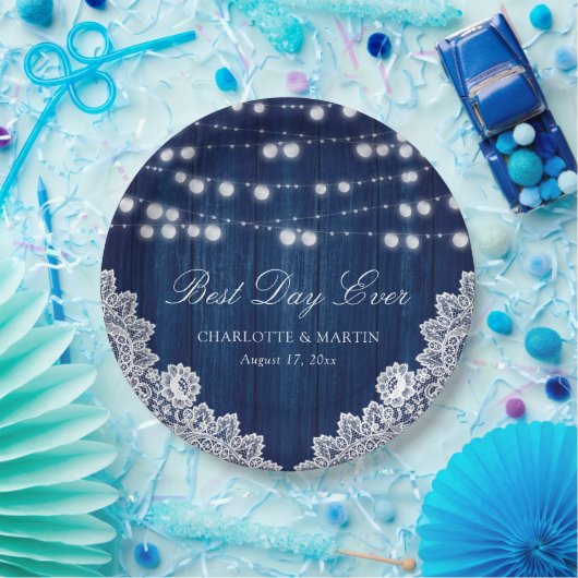 ネイビーブルーストリングライト素朴ウッドレース結婚ズ ペーパープレート (パーティー)