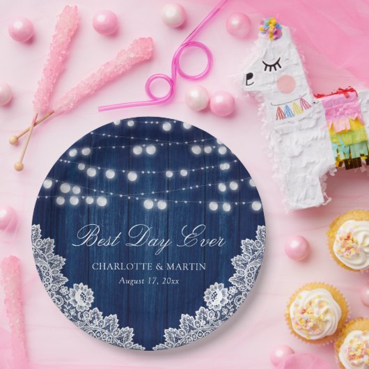 ネイビーブルーストリングライト素朴ウッドレース結婚ズ ペーパープレート (パーティー)