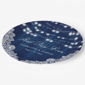 ネイビーブルーストリングライト素朴ウッドレース結婚ズ ペーパープレート (アングル)