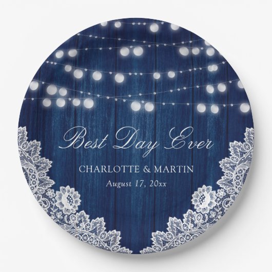 ネイビーブルーストリングライト素朴ウッドレース結婚ズ ペーパープレート (正面)