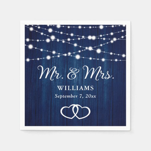 ネイビーブルーストリングライト素朴ハートズ結婚ウッド スタンダードカクテルナプキン (正面)