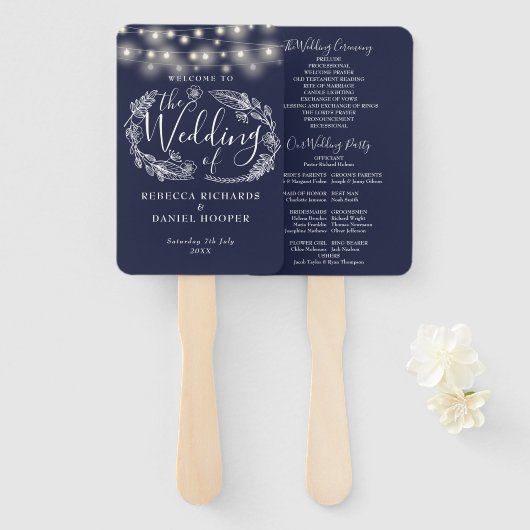 ネイビーブルーストリングライト結婚式 プログラム ハンドファン (正面&裏面)