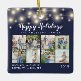 ネイビーブルーストリングライト8フォトホリデー セラミックオーナメント