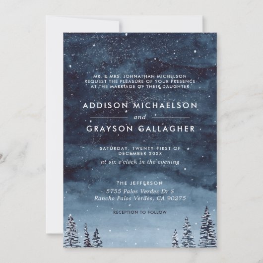 ネイビーブルースノーウィーフォーマルター結婚ワンダーランド 招待状 (正面)