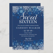 ネイビーブルースノーフレークウィンタースウィート16誕生日 招待状 (正面/裏面)