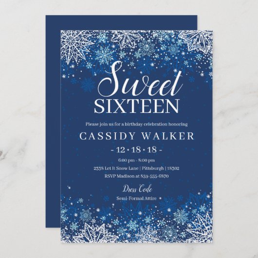 ネイビーブルースノーフレークウィンタースウィート16誕生日 招待状 (正面/裏面)