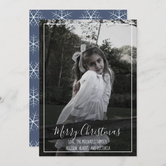 ネイビーブルースノーフレーククリスマスフォトカード1枚の写真 シーズンカード (正面/裏面)