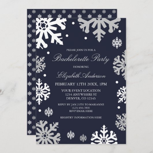 ネイビーブルースノーフレークスウィンターバチェロレッテ 招待状 (正面/裏面)
