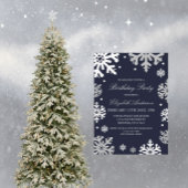 ネイビーブルースノーフレークスウィンター誕生日 招待状