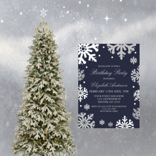 ネイビーブルースノーフレークスウィンター誕生日 招待状