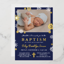 ネイビーブルースノーフレーク写真冬バプテスマ金ゴールド 箔招待状