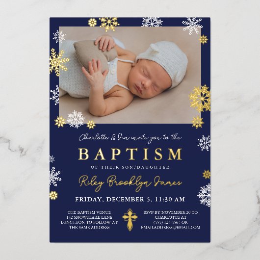 ネイビーブルースノーフレーク写真冬バプテスマ金ゴールド 箔招待状 (正面)
