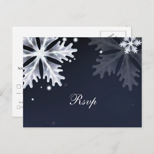 ネイビーブルースノーフレーク冬の結婚式の出欠 インビテーションポストカード (正面/裏面)