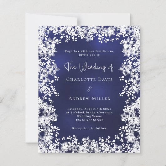 ネイビーブルースノーフレーク冬の結婚式の招待状 (正面)