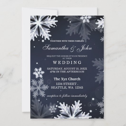 ネイビーブルースノーフレーク冬の結婚式の招待状 招待状 (正面)