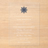 ネイビーブルースノーフレーク冬の結婚式の透明 アクリル招待状 (正面)