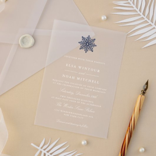 ネイビーブルースノーフレーク冬の結婚式の透明 アクリル招待状